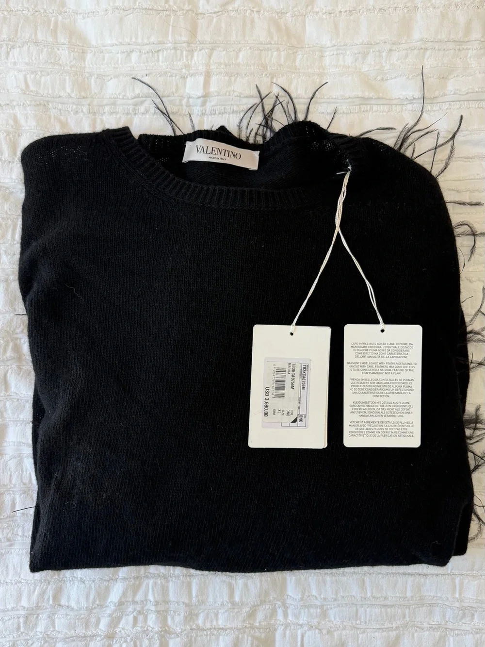 Valentino Black Feather-Trim Crewneck Sweater